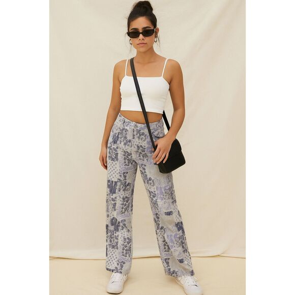 Kenzie Patchwork Print Jeans size 10 Purple Boho Cottage Straight Leg High Rise - Picture 2 of 9